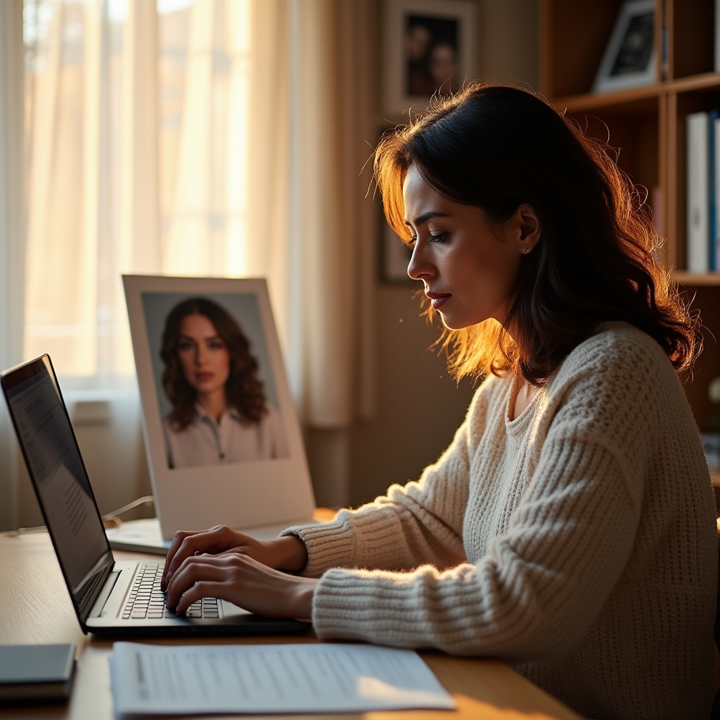 Specialist typing an alt text description into a content management system while reviewing a photo on a second screen