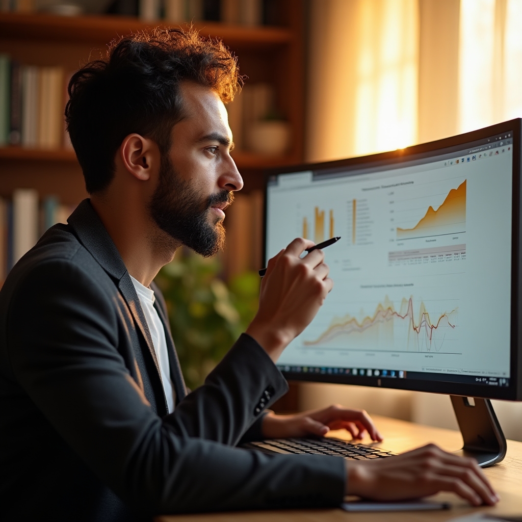 Specialist pointing at a Core Web Vitals report on a monitor showing layout shift and loading metrics