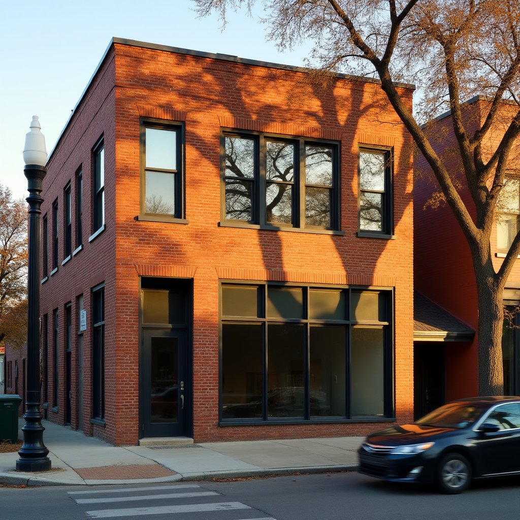 Exterior view of a brick office building in Chicago with warm late afternoon light