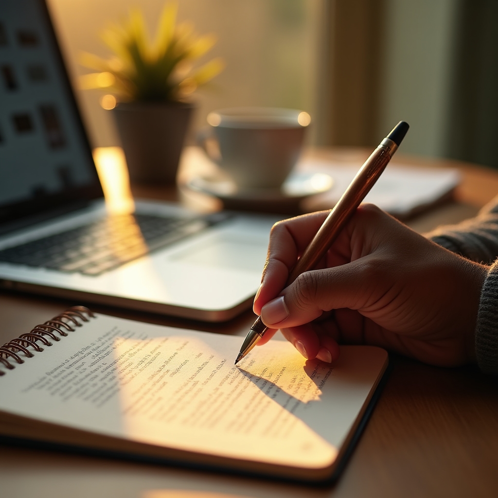 Close-up of handwritten notes describing alt text next to a laptop showing a content management system
