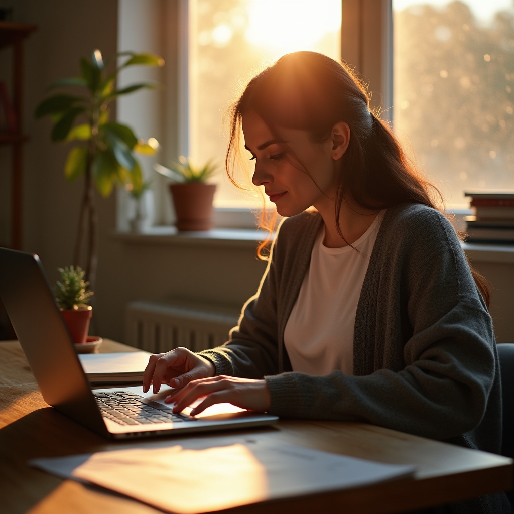 Specialist reviewing image compression results on a laptop at a home office desk during golden hour light