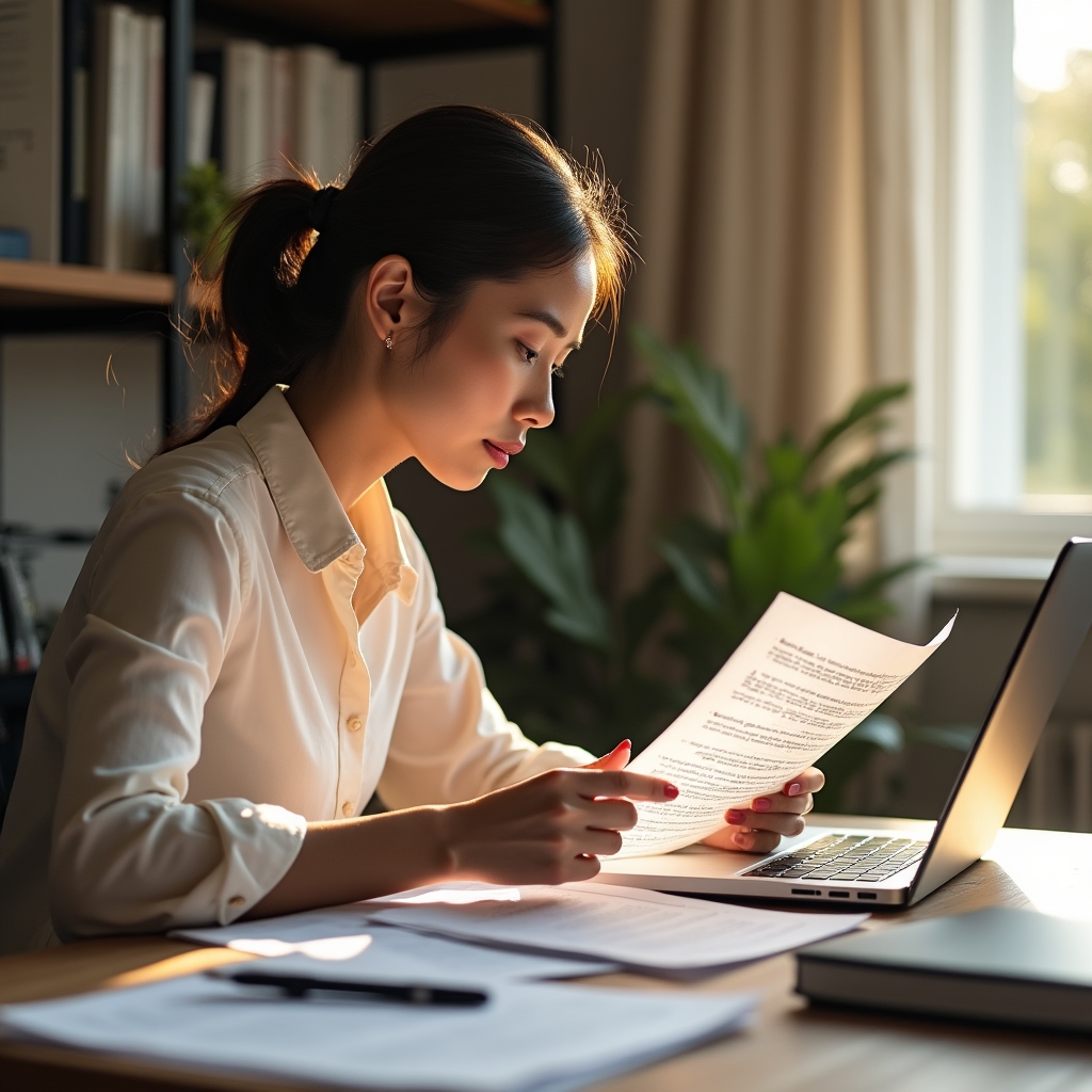 Specialist cross-referencing documentation on a laptop and printed notes at an organized home office desk